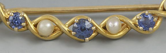 ANTIQUE 14K GOLD CORNFLOWER SAPPHIRE PEARL CRESCENT PIN  