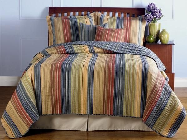 Blue Horizon Stripe 5pc King Quilt Set Retro Chic New  