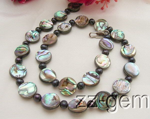 Fresh water cultured pearl, black round pearl, natural Paua Abalone 