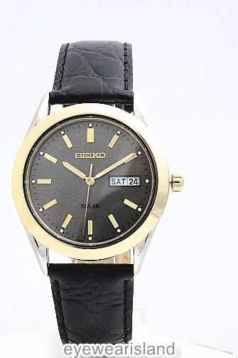 Seiko SNE050 Watch Mens Solar Black Dial Leather Band  