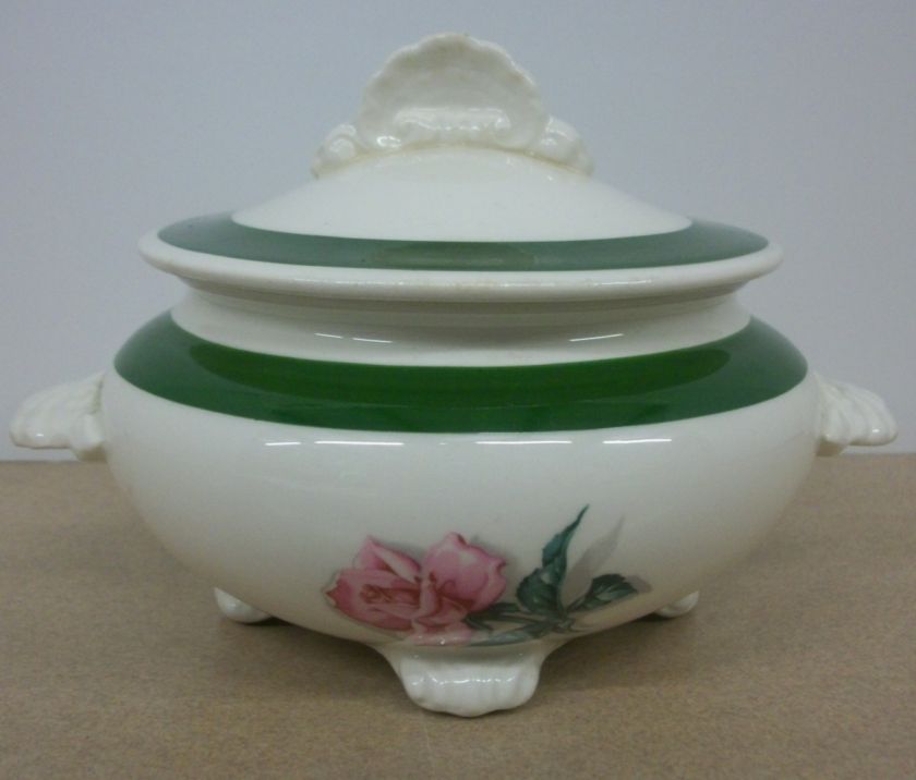 Homer Laughlin China Sugar Bowl With Lid Nautilus Green Rim Pink Rose 