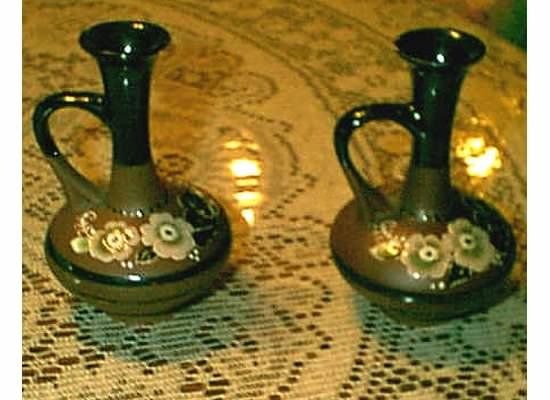 GORGEOUS FLORAL ENAMELED BROWN & BLACK POTTERY VASES  