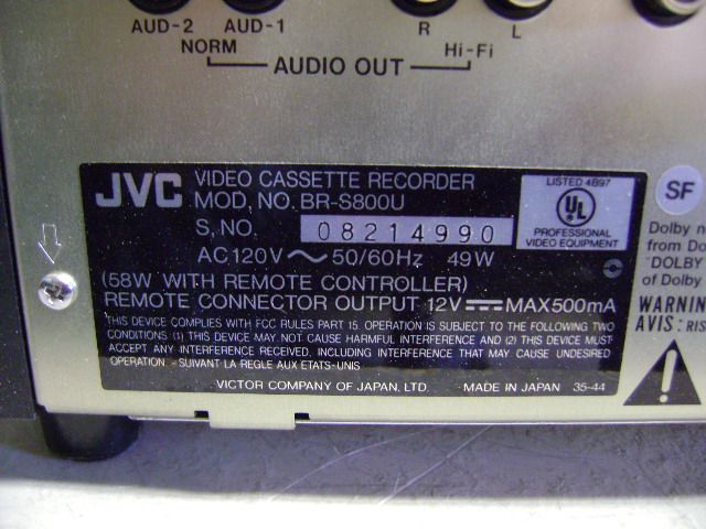 JVC SVHS VIDEO EDIT DECK VCR RECORDER BR S800U S VHS  