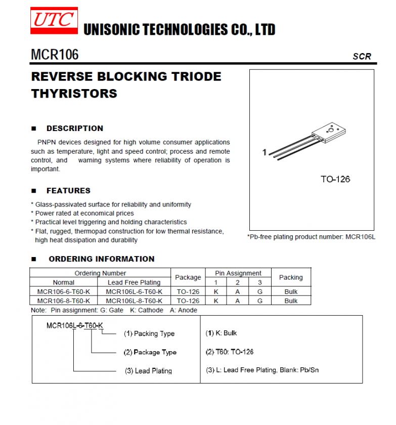 MCR106 MCR106L 6 Pb Free RoHS THYRISTORS SCR 4A UTC  