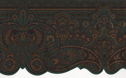 WALLPAPER BORDER SCULPTURED GREEN PAISLEY  